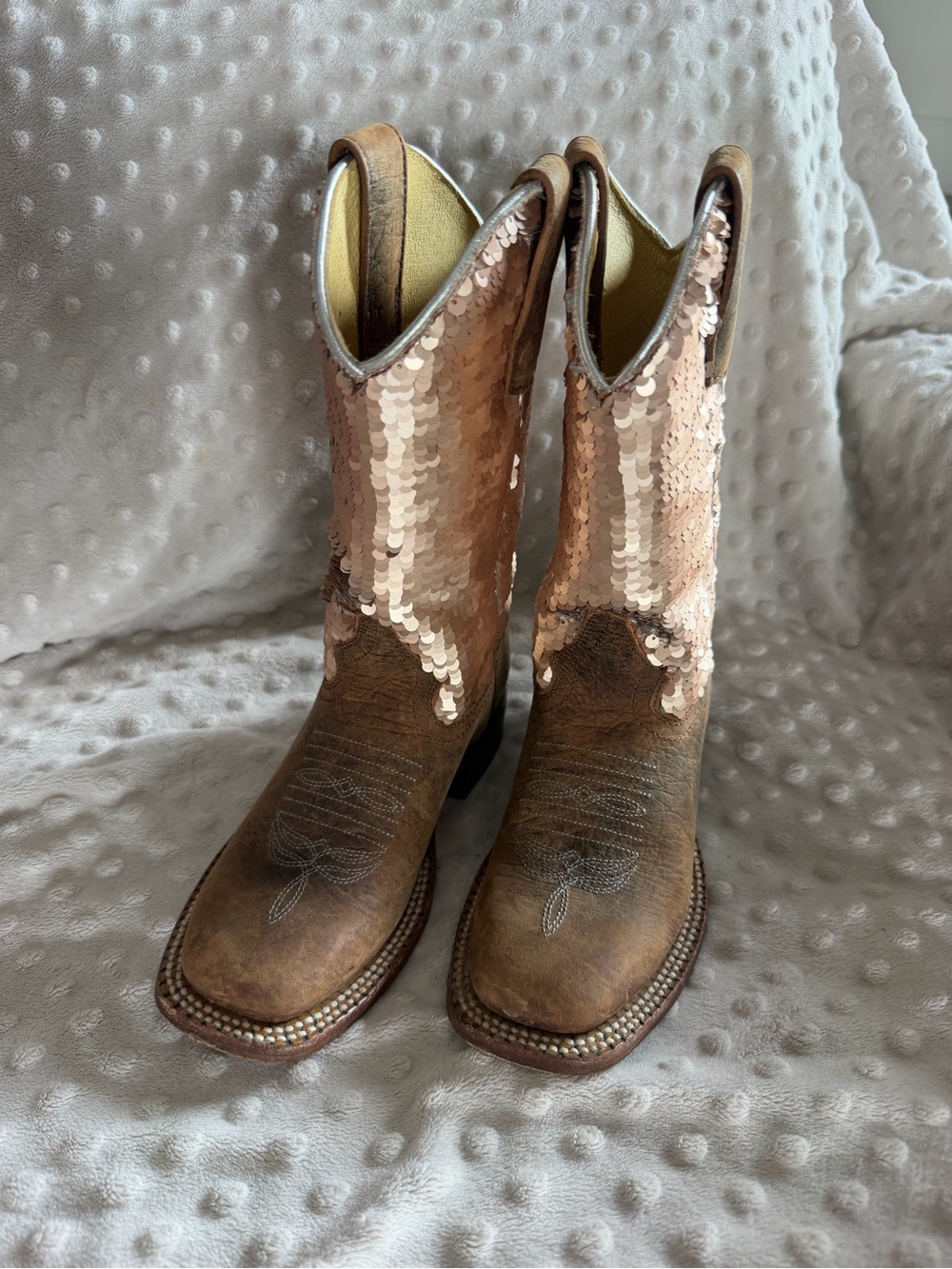 Sequined Tan Western Boots for Girls - Rose Gold Shimmer